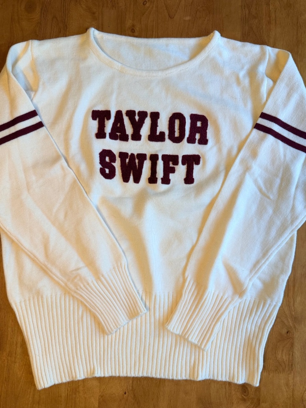 Taylor Swift Red Era White Knit Sweater Chenille Patch Varsity Stripe Medium 615